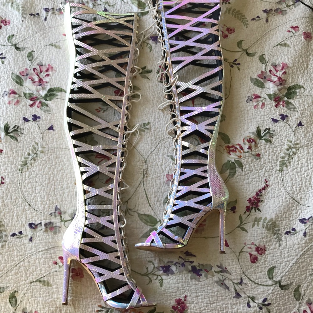 OTK iridescent lace up gladiator heels